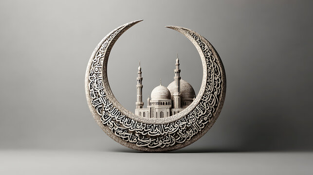 Arabic islamic calligraphy of wish (dua) kullu am wa antum bikhair (may you be well every year), 3d render of exquisite crescent moon with mosque on gray background