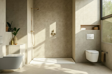 modern minimalist bathroom with sunlight and neutral scheme