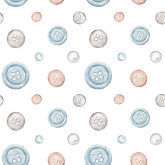 Sewing buttons seamless pattern. Blue plastic and wooden buttons and beads, needlework accessories in watercolor style. Hand painted illustration for fabric, wallpaper, fashion, decoration.