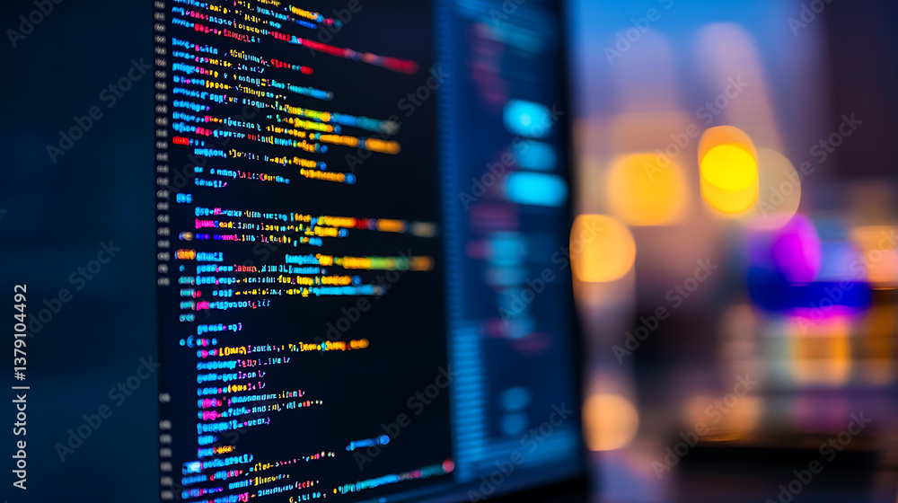 Poster Focused view of code on a computer monitor, portraying a concept of software development on a blurred dark background