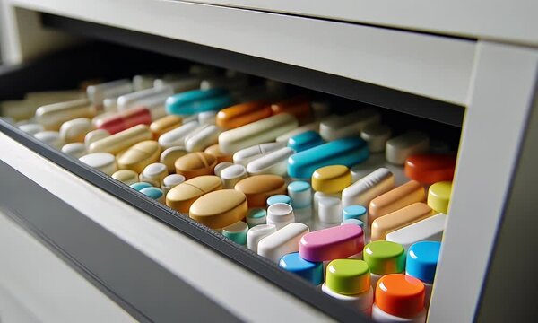 Drawer filled with diverse colored medicines pills, capsules, tablets, and caplets, close-up and organized