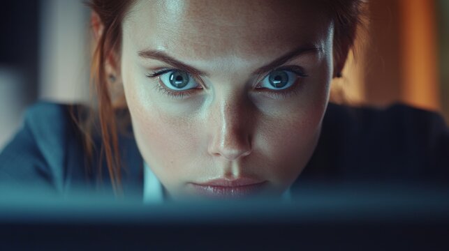 A woman intensely focused on her computer screen intently