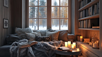 Stylish and cozy reading nook, fur blanket on grey sofa near coffee table with candles against window, hygge, scandinavian interior design of modern living room