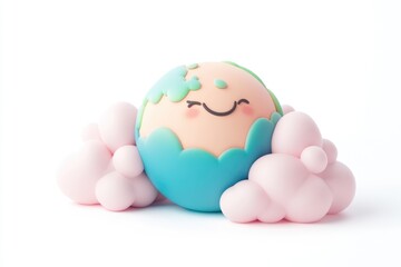 A smiling cartoon Earth rests peacefully on soft pink clouds, conveying a sense of environmental care and serenity.