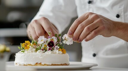   A clear photo of someone applying white frosting onto a cake and placing flowers on top