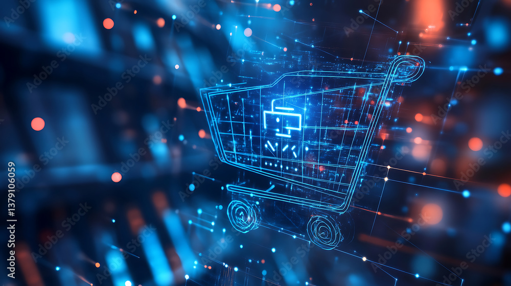 Poster Artificial intelligence in retail concept, featuring a high-tech background and a prominent shopping cart symbol, symbolizing the integration of ai in shopping experiences