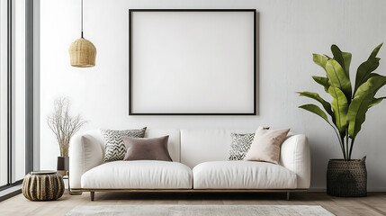 Front view on bright living room interior with empty poster
