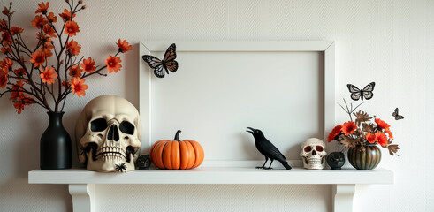 eerie halloween still life with skull pumpkin and raven figurines