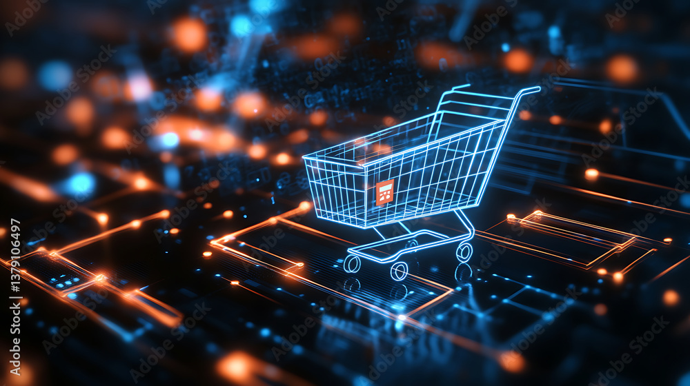 Poster Artificial intelligence in retail concept, featuring a high-tech background and a prominent shopping cart symbol, symbolizing the integration of ai in shopping experiences