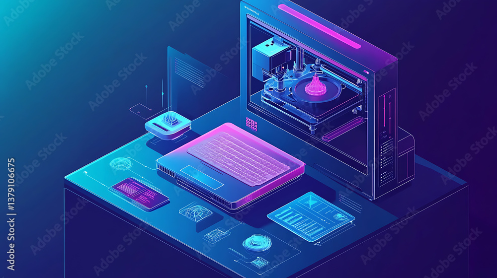 Fototapete Isometric illustration of 3d printer with laptop on desk with photopolymer lcd 3d printer printed model of resin, a 3d model on screen laptop in cad system interface