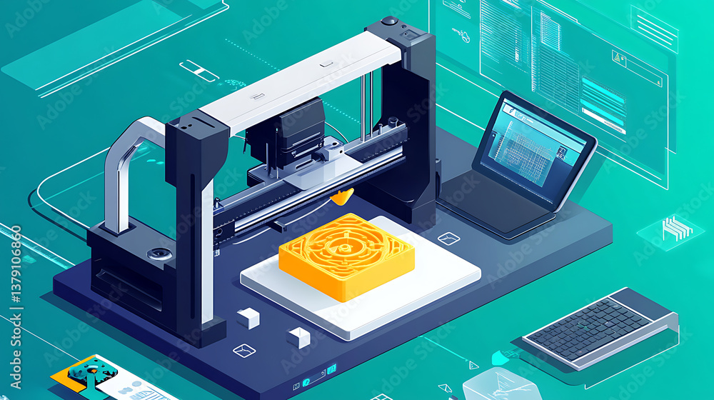 Leinwandbilder isometric illustration of 3d printer with laptop on desk with photopolymer lcd 3d printer printed mo