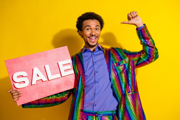 Colorful and vibrant man in a disco-style suit promoting a sale with enthusiasm and charisma on a...