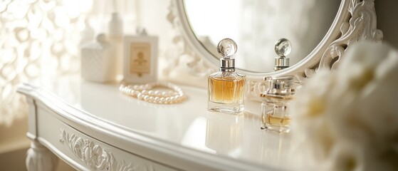 An elegant vanity adorned with ornate details holds a mirror and delicate perfumes, capturing the essence of classic beauty and timeless sophistication.