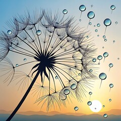 Dew Drops on Dandelion Seeds at Sunrise Vector