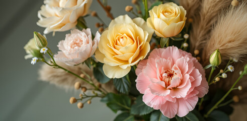 Fototapeta premium close-up of a pastel rose and ranunculus bouquet