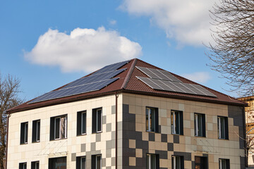 Roof with solar panels of a modern building