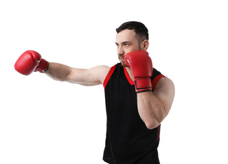 Man in boxing gloves fighting on white background
