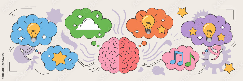 Poster vector icon set featuring a brain with creativity symbols and thought bubbles.