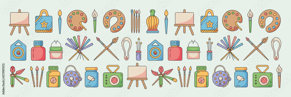Poster collection of colorful art and diy craft icons arranged in a circular pattern