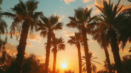 Fototapeta premium Summer background tropical palm trees at sunset with orange sky