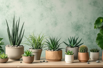Obraz premium curated collection of potted succulents and cacti arranged on a wooden surface