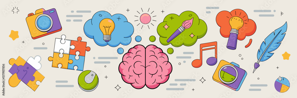 Poster modern vector icon set of brain and creativity symbols with vibrant elements.