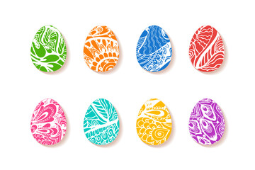 Set of Easter eggs of various colors, different intricate ethnic ornamental patterns with paisleys