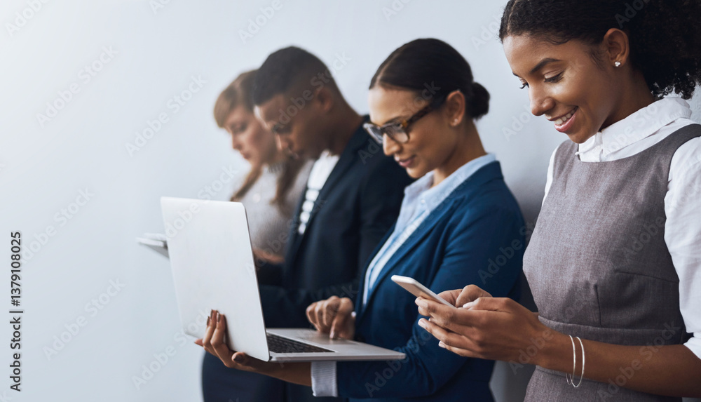 Aufkleber recruitment, waiting room and row of people with vacancy, application and phone or laptop. hiring, d