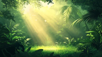 Gordijnen Sunlight falling onto a beautiful green jungle landscape in the morning © CreativeCreations