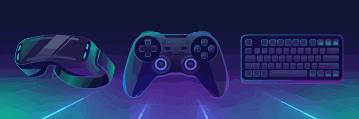 Obraz premium Vector illustration of a gaming and esports icon set with a sleek controller, VR headset, and keyboard