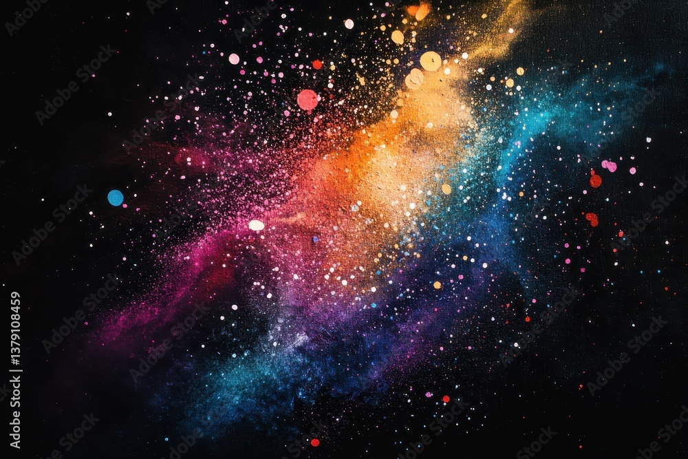 Poster incorporate speckles and splatters of color to give the canvas texture a dynamic and textured appear