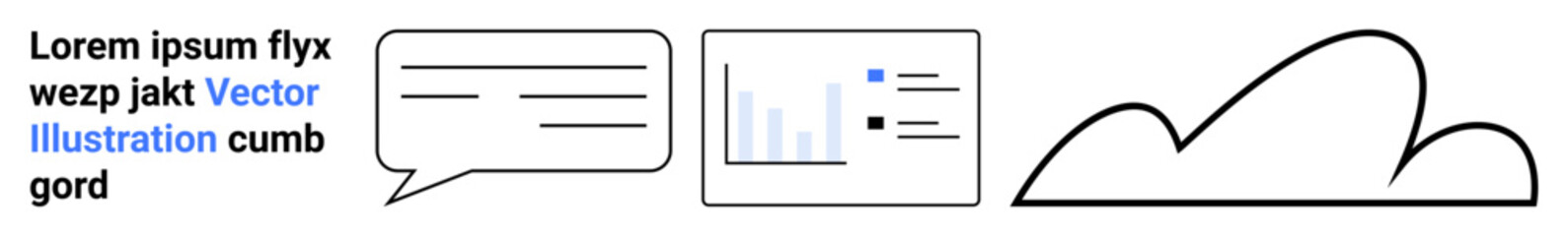 Chat bubble with text, bar chart with statistics, cloud outline symbolizing communication, analysis, storage. Ideal for technology, data sharing, analytics, storage cloud computing communication