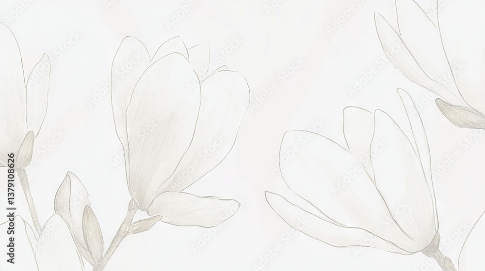 Poster a monochromatic depiction of an array of blooms against a pure white backdrop, enhanced with intrica