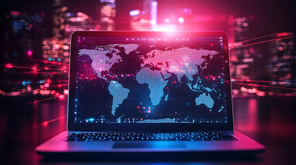 Laptop with world map for data processing complexity graphs and analytical diagrams in technology background bright neon dark