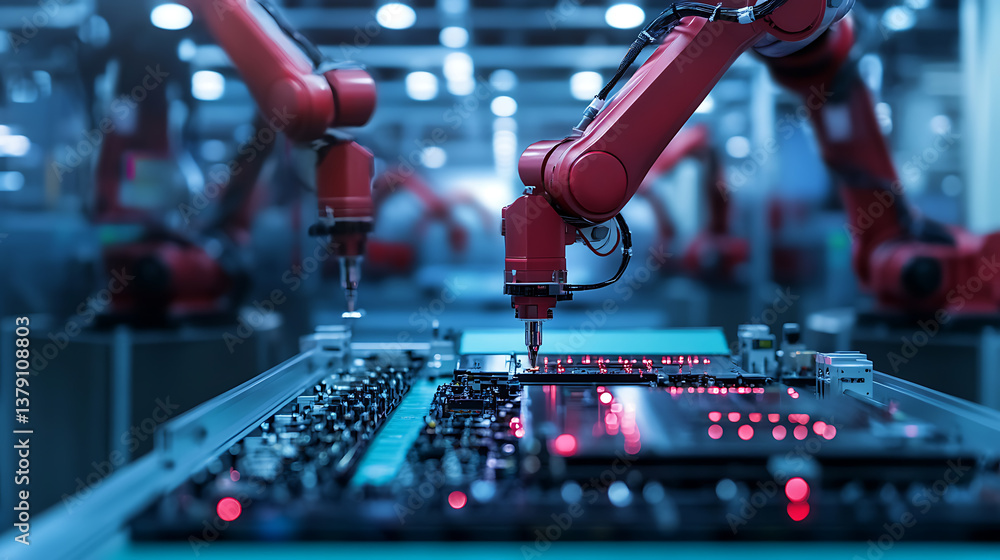 Poster Automated robotic arms assembling components in a high-tech electronics manufacturing facility