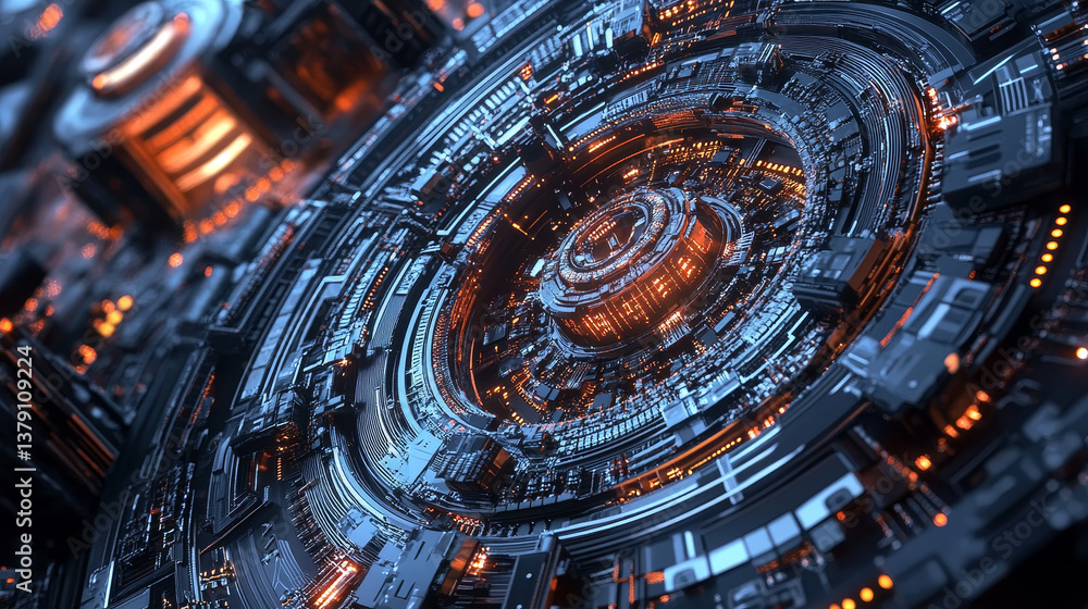 Poster 3d render of a macro view of a futuristic electronic circuit board with microchips and processors. t