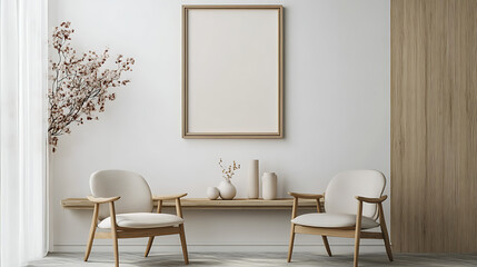 Light chill interior with chairs and shelf with decoration, mockup frame
