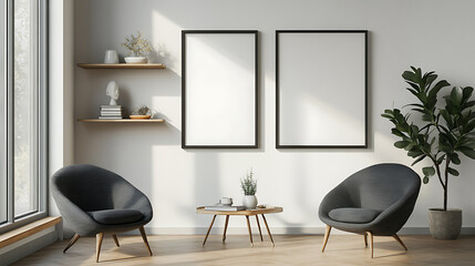 Light chill interior with chairs and shelf with decoration, mockup frame