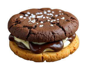 Gourmet Double Cookie Sandwich with Chocolate and Vanilla Cream Filling, Sea Salt Sprinkles and Dark Chocolate Cookie Top Isolated on Transparent and White Background