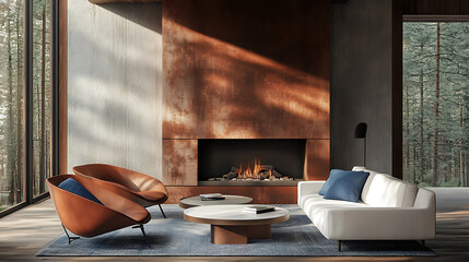 Terra cotta armchairs near white sofa with blue cushions in room with fireplace, mid-century style home interior design of modern living room in house