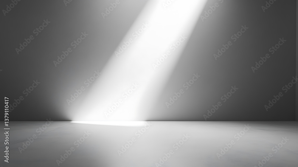 Poster Light gray background with a beam of light shining down, creating an empty space for product display or presentation