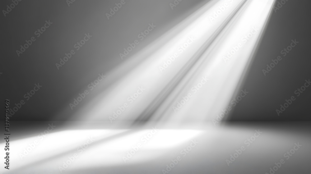 Poster Light gray background with a beam of light shining down, creating an empty space for product display or presentation