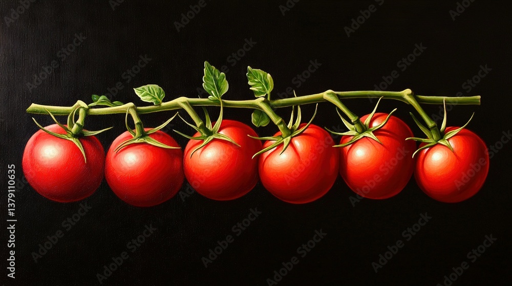 Poster a painting of a cluster of tomatoes dangling from a leafy branch against a dark backdrop