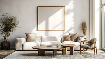 Light living room interior with eating table, decor and window, mockup frame