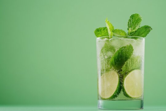 Refreshing lime mojito cocktail with mint leaves on vibrant green background - Powered by Adobe
