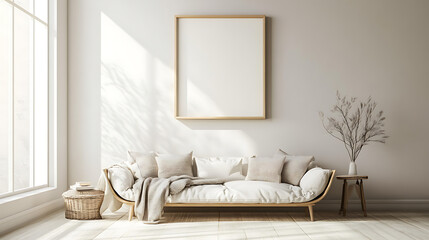 Light relaxing interior with couch, decor and window, mockup frame