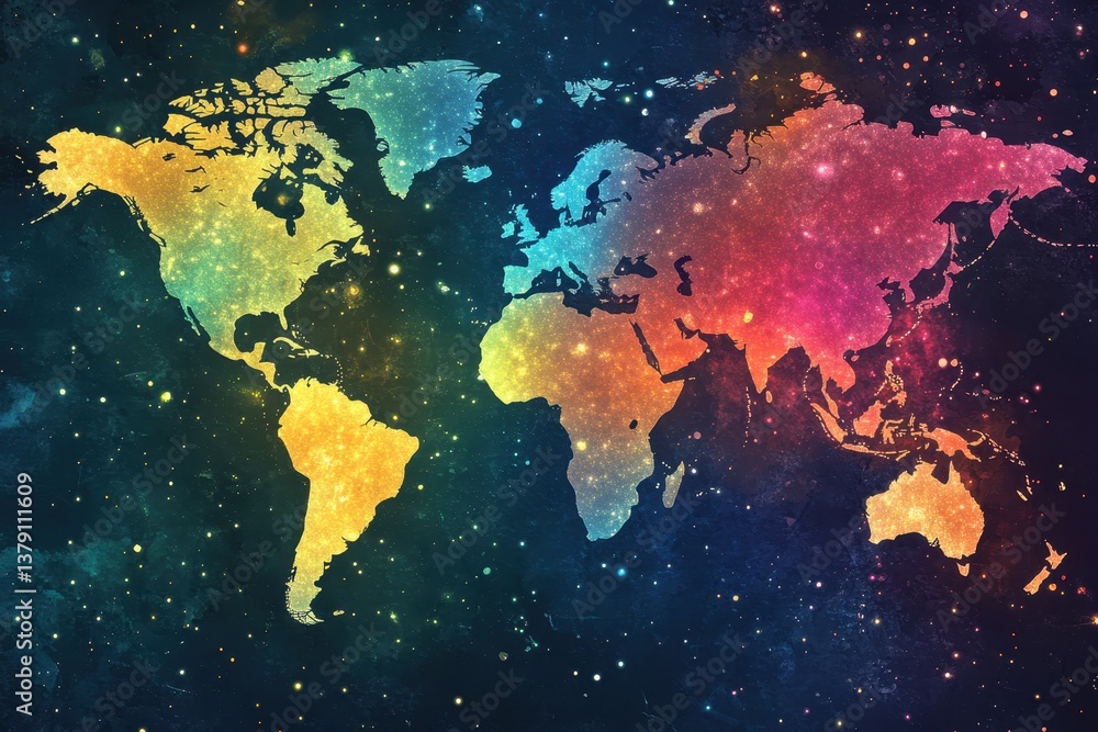Poster abstract world map with colorful lights on dark background vector illustration colorful world map ho