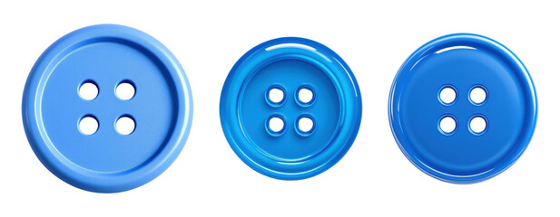 Classic Round Blue Plastic Sewing Buttons Collection with Four Holes and Raised Edge Design in Different Sizes Isolated on Transparent and White Background