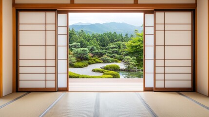 Digital Detox Retreats, A serene view of a landscaped garden framed by sliding doors, showcasing lush greenery and mountains in the background.
