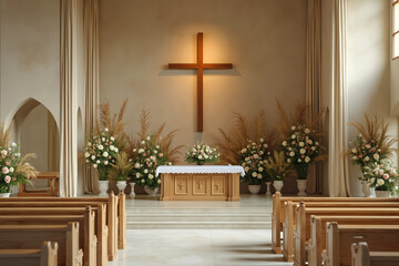 serene minimalist church interior with wooden pews and elegant floral arrangements